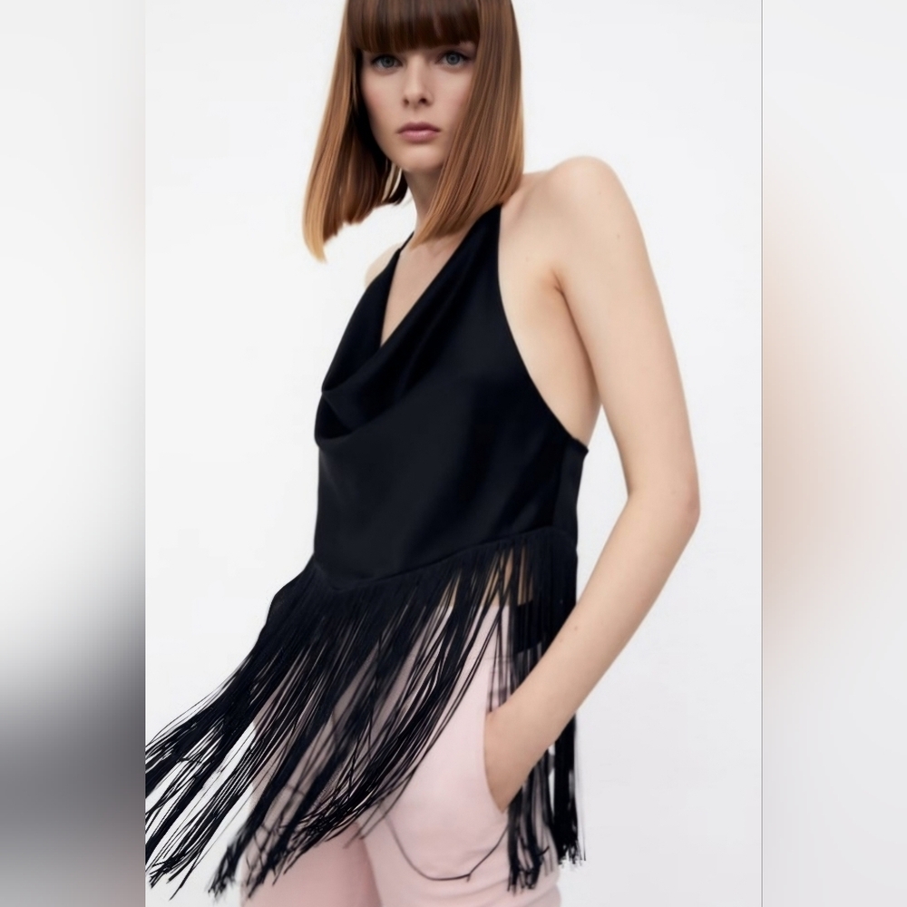 Zara Black Fringe Halter Top